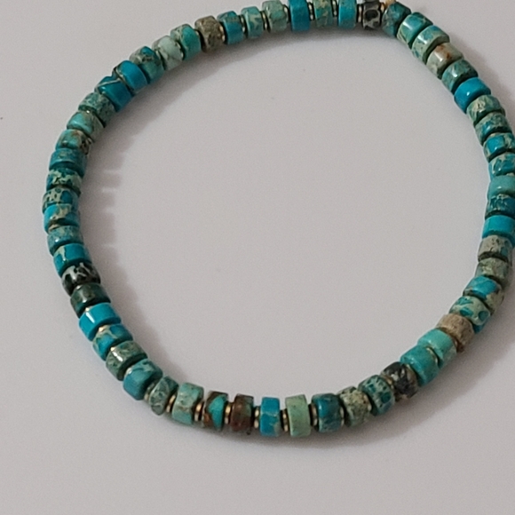 Natural Turquoise Heshi Style Beads Stretch Bracelet Gold Beads Gemstone Nice! - Picture 1 of 6